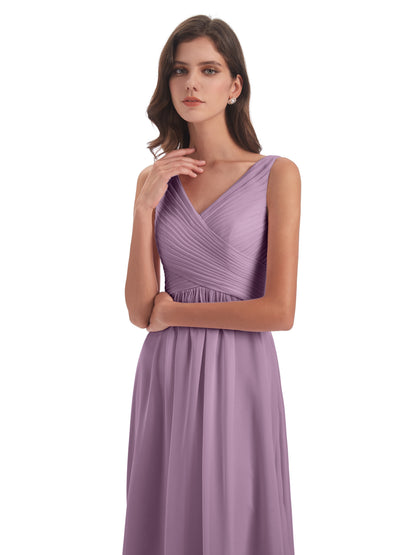 Evalyn V-neck Straps Chiffon Long Bridesmaid Dresses