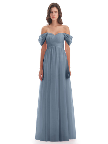Evelyn Off The Shoulder Tulle Long Bridesmaid Dresses