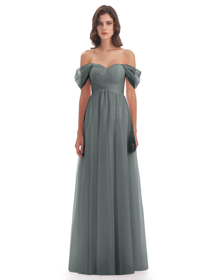 Evelyn Off The Shoulder Tulle Long Bridesmaid Dresses