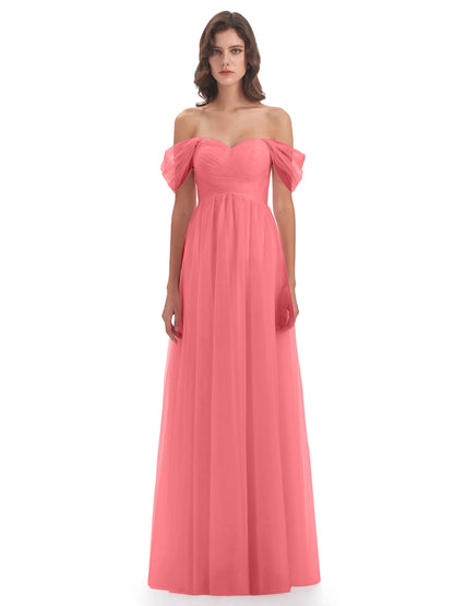 Evelyn Off The Shoulder Tulle Long Bridesmaid Dresses