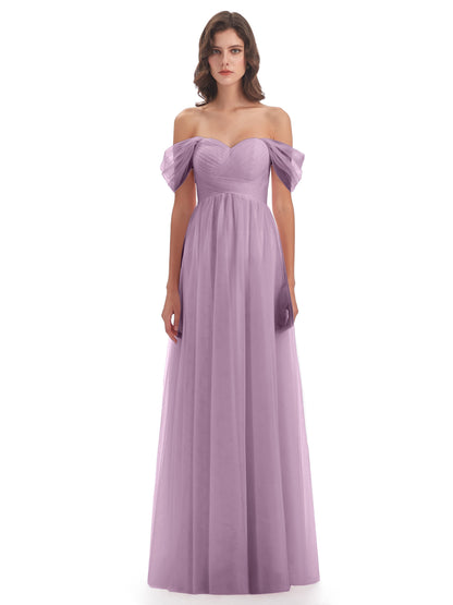Evelyn Off The Shoulder Tulle Long Bridesmaid Dresses