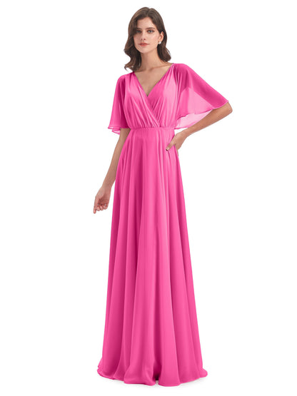 Hazel V-Neck Short Sleeves Chiffon Long Bridesmaid Dresses