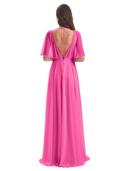 Hazel V-Neck Short Sleeves Chiffon Long Bridesmaid Dresses