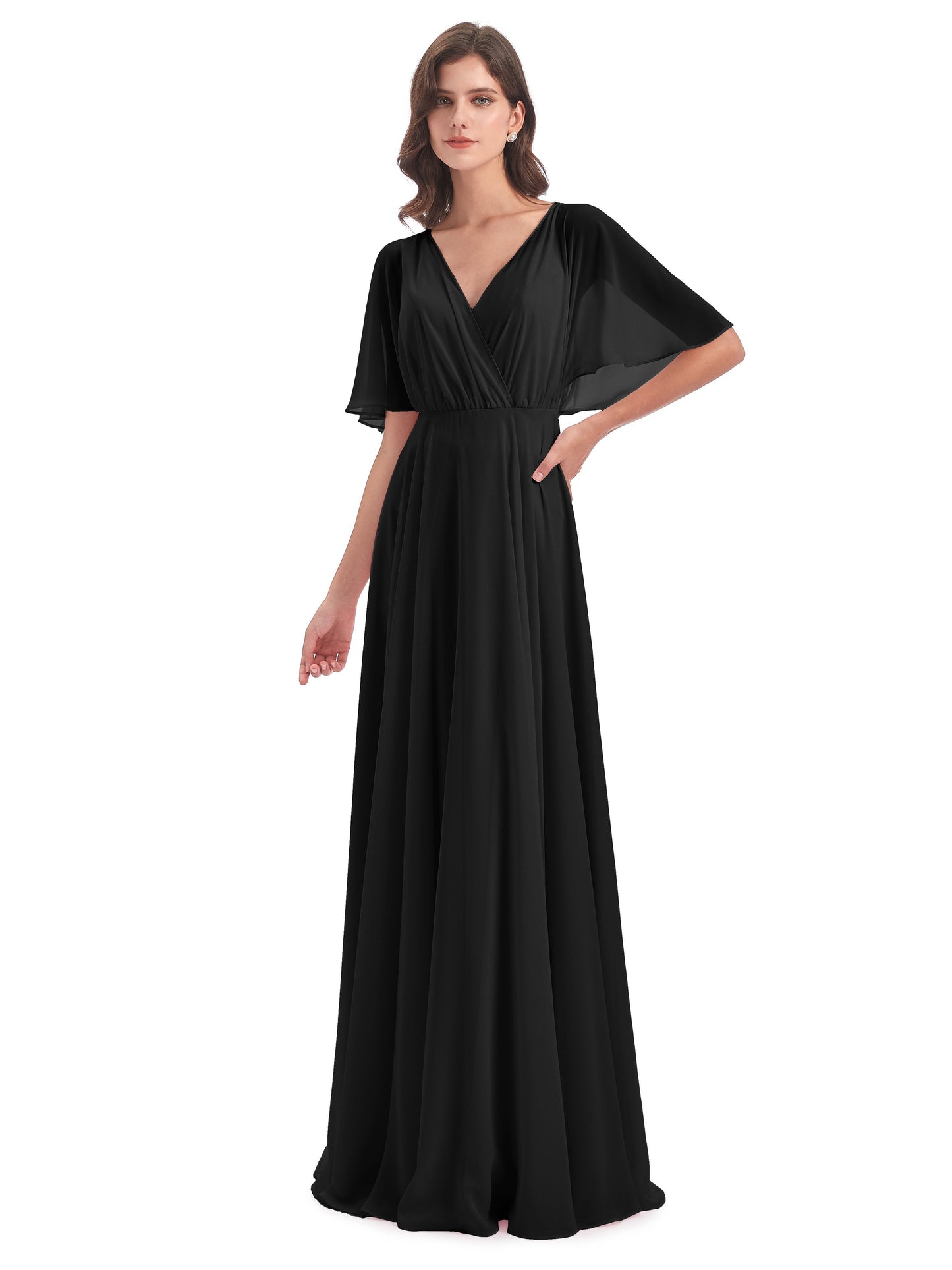 Hazel V-Neck Short Sleeves Chiffon Long Bridesmaid Dresses