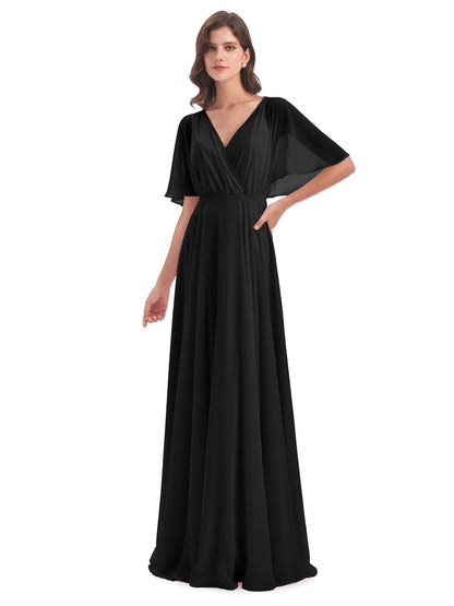 Hazel V-Neck Short Sleeves Chiffon Long Bridesmaid Dresses