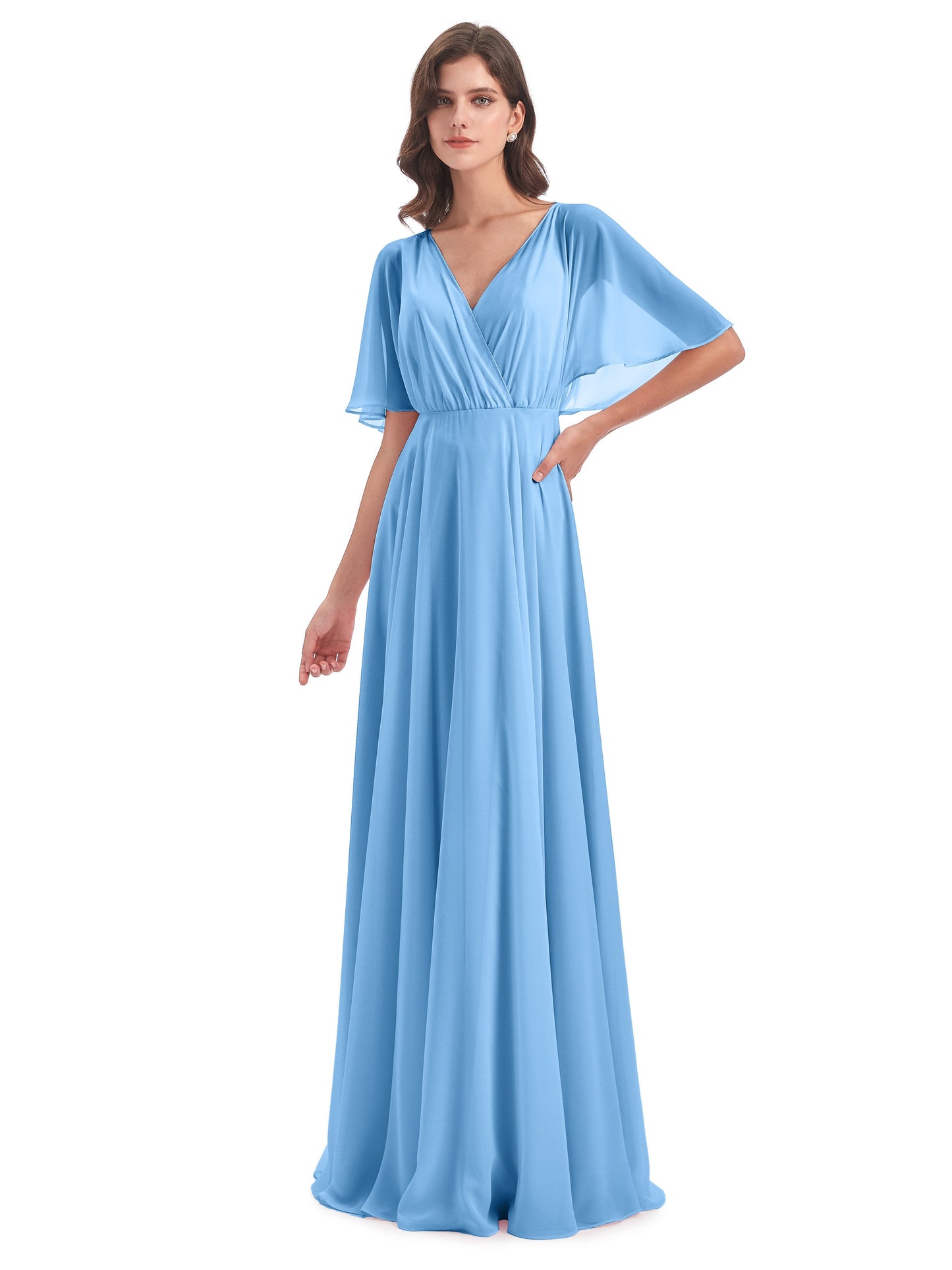Hazel V-Neck Short Sleeves Chiffon Long Bridesmaid Dresses
