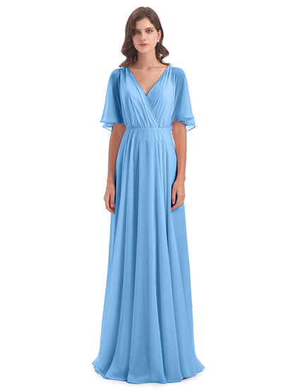 Hazel V-Neck Short Sleeves Chiffon Long Bridesmaid Dresses