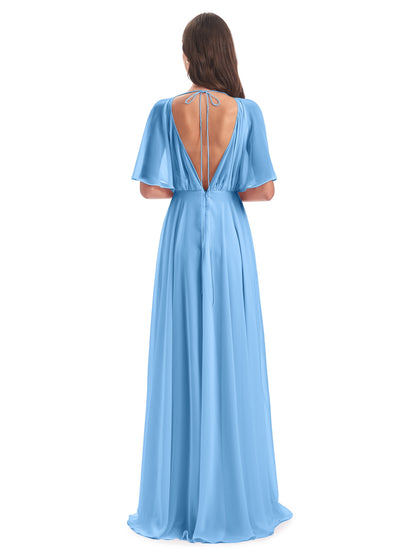 Hazel V-Neck Short Sleeves Chiffon Long Bridesmaid Dresses