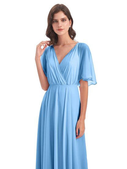 Hazel V-Neck Short Sleeves Chiffon Long Bridesmaid Dresses