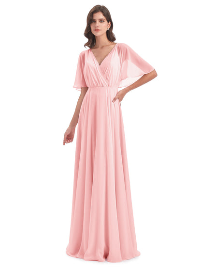 Hazel V-Neck Short Sleeves Chiffon Long Bridesmaid Dresses