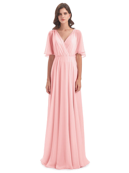 Hazel V-Neck Short Sleeves Chiffon Long Bridesmaid Dresses
