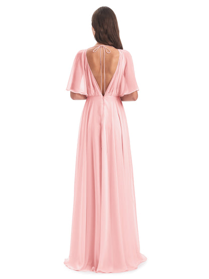 Hazel V-Neck Short Sleeves Chiffon Long Bridesmaid Dresses