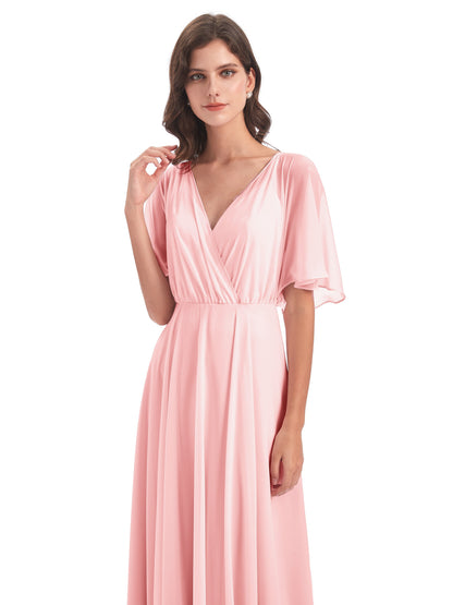 Hazel V-Neck Short Sleeves Chiffon Long Bridesmaid Dresses