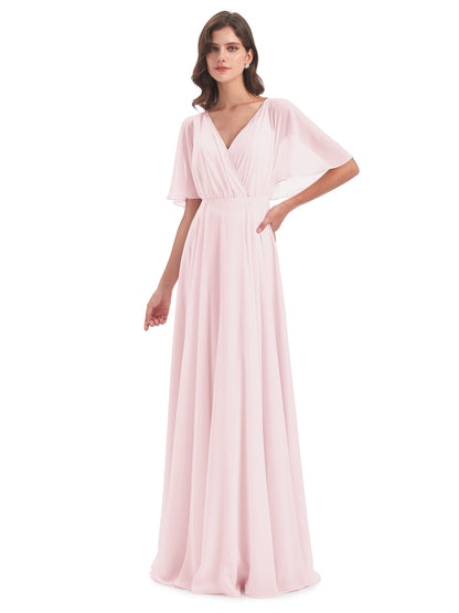 Hazel V-Neck Short Sleeves Chiffon Long Bridesmaid Dresses