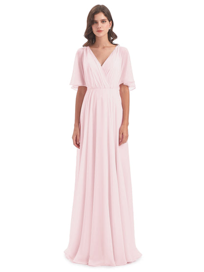 Hazel V-Neck Short Sleeves Chiffon Long Bridesmaid Dresses