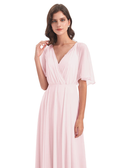 Hazel V-Neck Short Sleeves Chiffon Long Bridesmaid Dresses