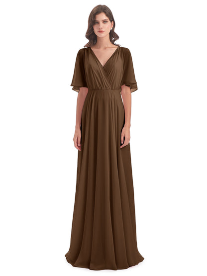 Hazel V-Neck Short Sleeves Chiffon Long Bridesmaid Dresses