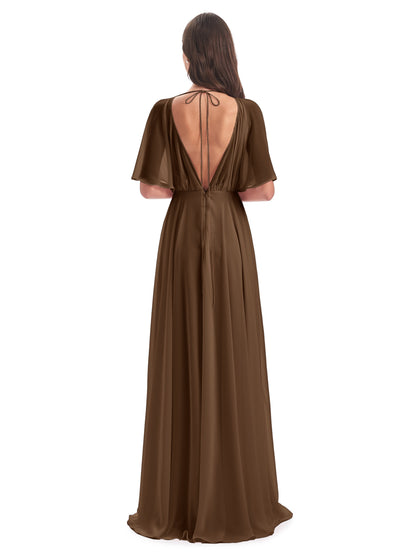 Hazel V-Neck Short Sleeves Chiffon Long Bridesmaid Dresses