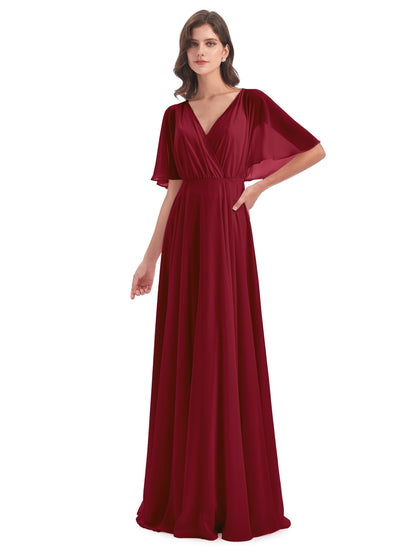 Hazel V-Neck Short Sleeves Chiffon Long Bridesmaid Dresses
