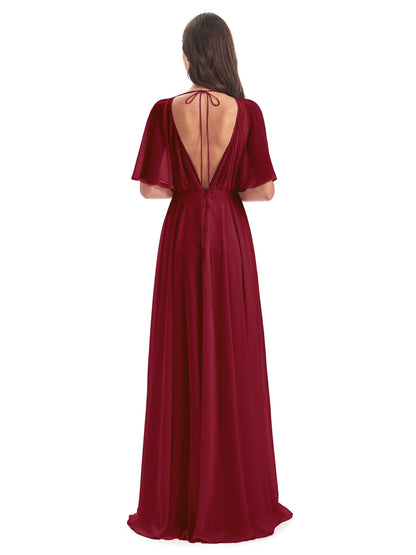 Hazel V-Neck Short Sleeves Chiffon Long Bridesmaid Dresses