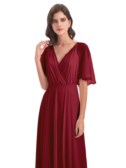 Hazel V-Neck Short Sleeves Chiffon Long Bridesmaid Dresses