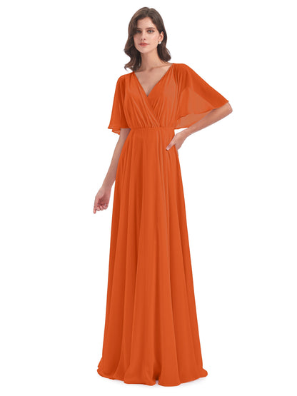 Hazel V-Neck Short Sleeves Chiffon Long Bridesmaid Dresses