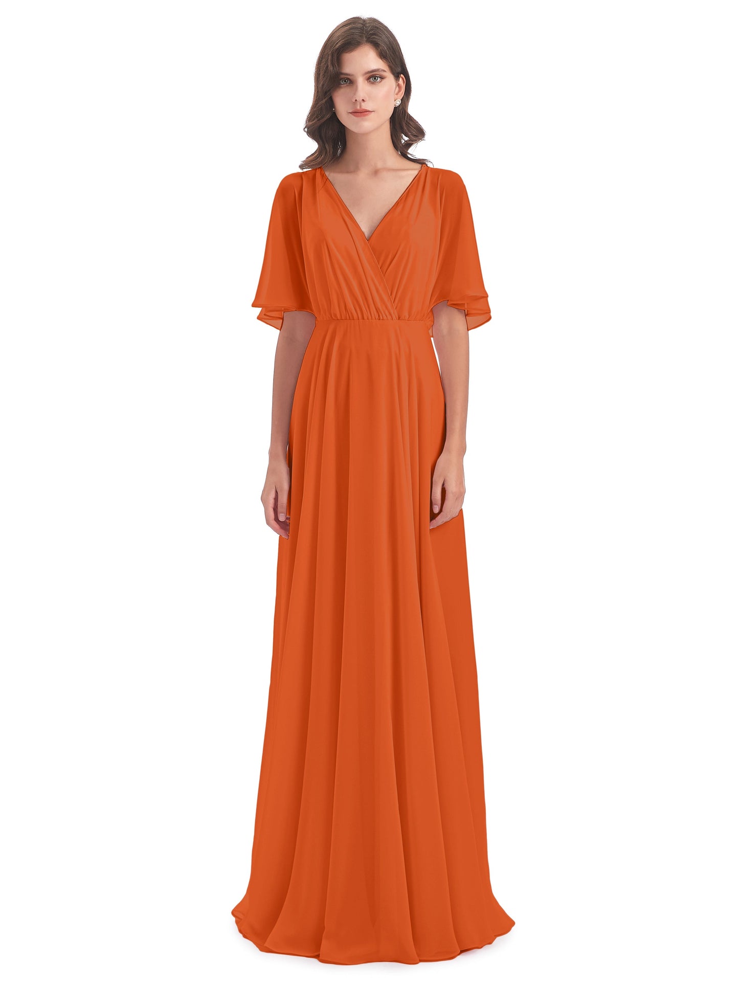 Hazel V-Neck Short Sleeves Chiffon Long Bridesmaid Dresses