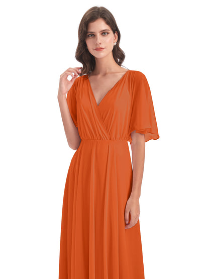 Hazel V-Neck Short Sleeves Chiffon Long Bridesmaid Dresses