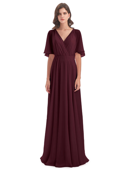 Hazel V-Neck Short Sleeves Chiffon Long Bridesmaid Dresses