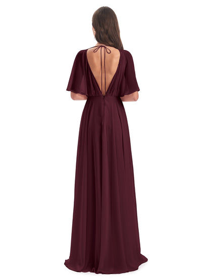 Hazel V-Neck Short Sleeves Chiffon Long Bridesmaid Dresses