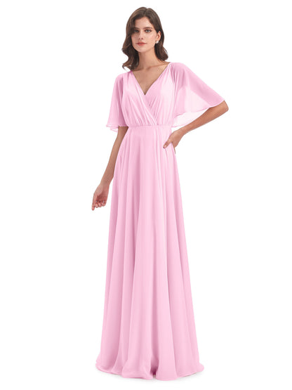 Hazel V-Neck Short Sleeves Chiffon Long Bridesmaid Dresses