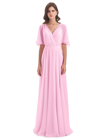 Hazel V-Neck Short Sleeves Chiffon Long Bridesmaid Dresses