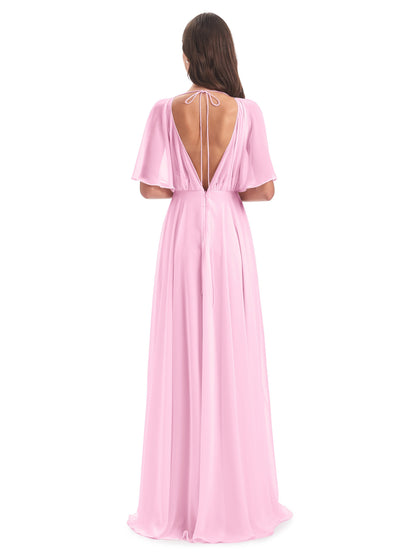 Hazel V-Neck Short Sleeves Chiffon Long Bridesmaid Dresses