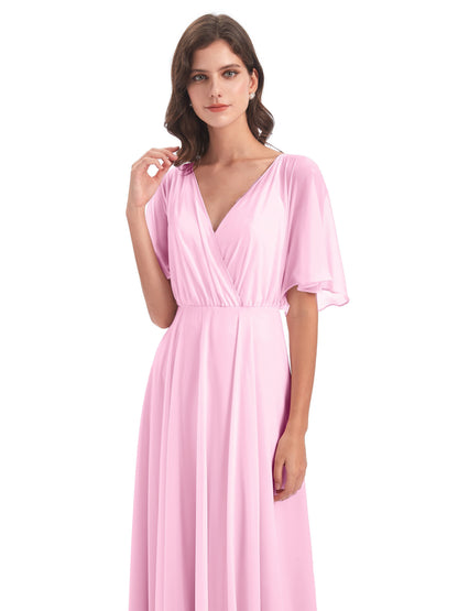 Hazel V-Neck Short Sleeves Chiffon Long Bridesmaid Dresses