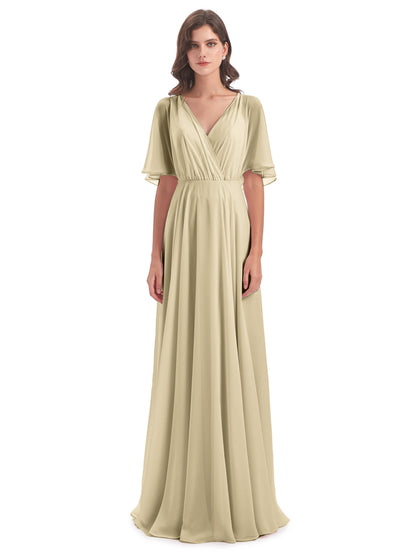 Hazel V-Neck Short Sleeves Chiffon Long Bridesmaid Dresses