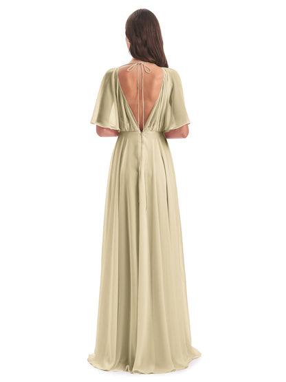 Hazel V-Neck Short Sleeves Chiffon Long Bridesmaid Dresses