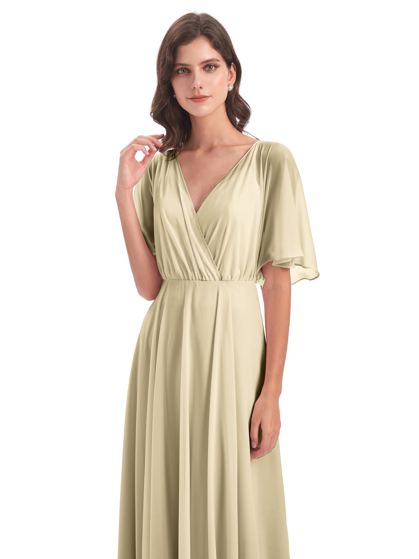 Hazel V-Neck Short Sleeves Chiffon Long Bridesmaid Dresses