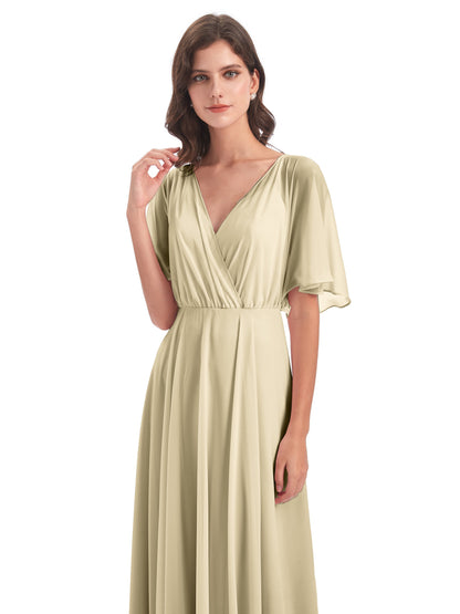 Hazel V-Neck Short Sleeves Chiffon Long Bridesmaid Dresses