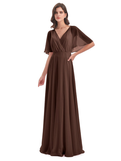 Hazel V-Neck Short Sleeves Chiffon Long Bridesmaid Dresses