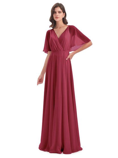 Hazel V-Neck Short Sleeves Chiffon Long Bridesmaid Dresses