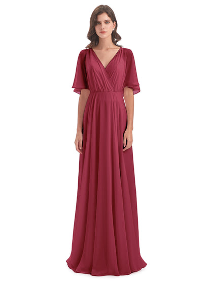 Hazel V-Neck Short Sleeves Chiffon Long Bridesmaid Dresses