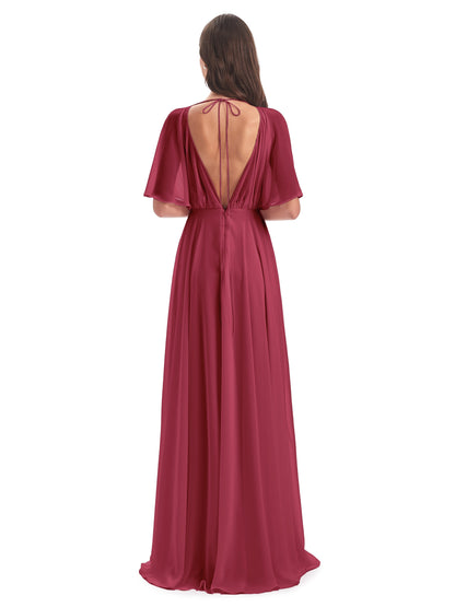 Hazel V-Neck Short Sleeves Chiffon Long Bridesmaid Dresses
