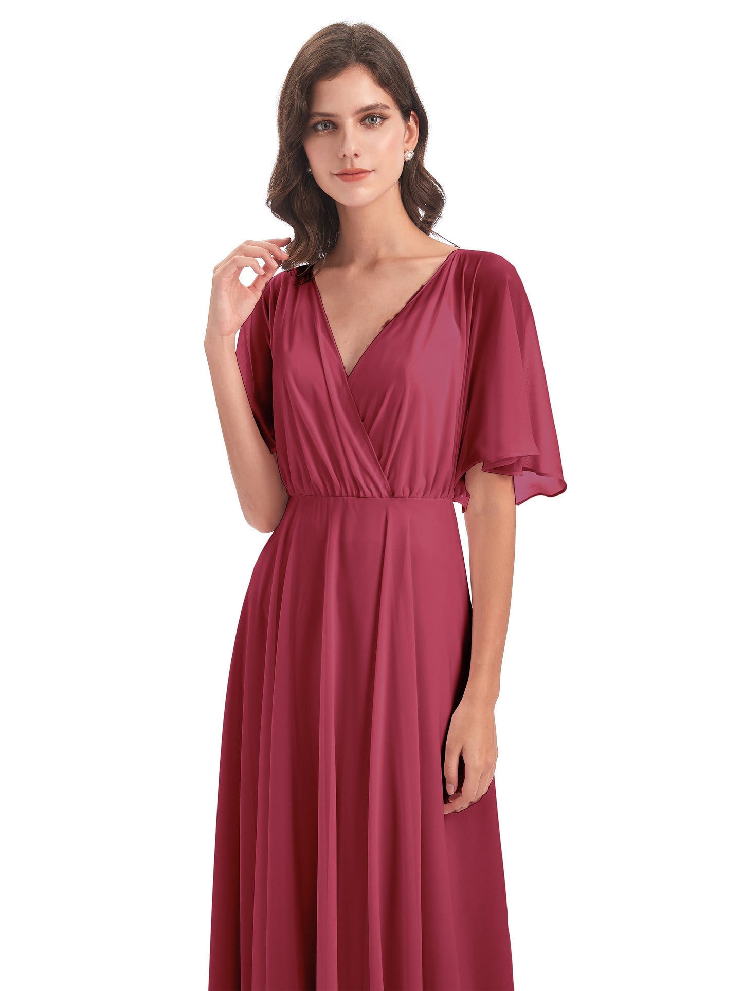 Hazel V-Neck Short Sleeves Chiffon Long Bridesmaid Dresses