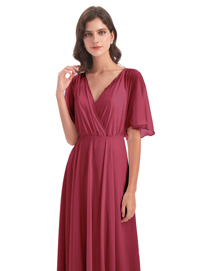 Hazel V-Neck Short Sleeves Chiffon Long Bridesmaid Dresses