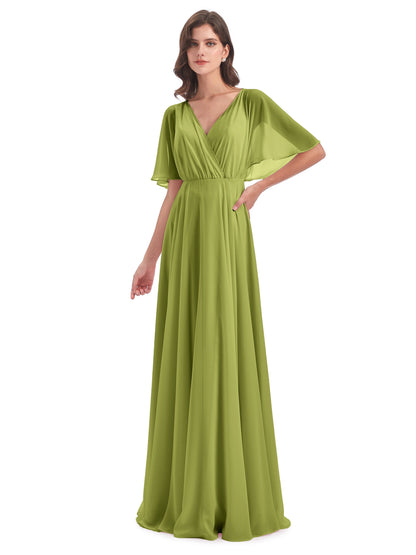 Hazel V-Neck Short Sleeves Chiffon Long Bridesmaid Dresses