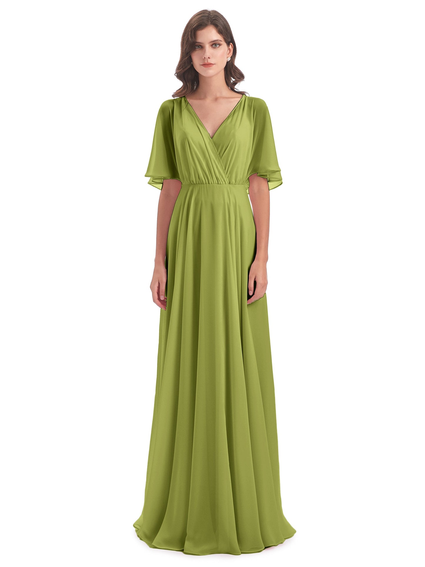Hazel V-Neck Short Sleeves Chiffon Long Bridesmaid Dresses