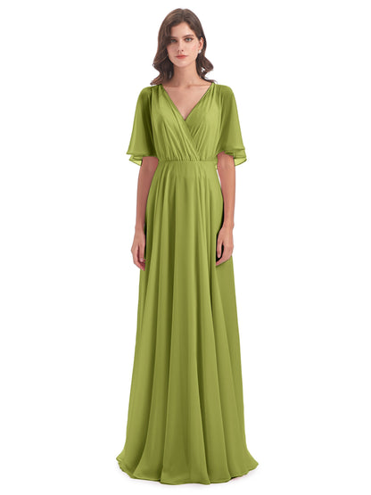 Hazel V-Neck Short Sleeves Chiffon Long Bridesmaid Dresses