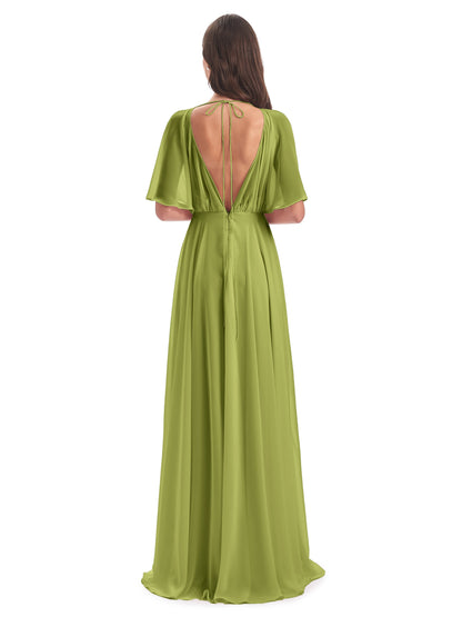 Hazel V-Neck Short Sleeves Chiffon Long Bridesmaid Dresses