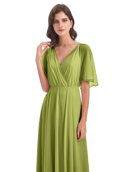 Hazel V-Neck Short Sleeves Chiffon Long Bridesmaid Dresses