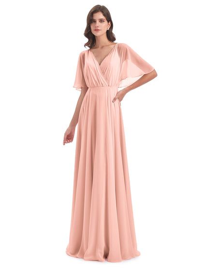 Hazel V-Neck Short Sleeves Chiffon Long Bridesmaid Dresses